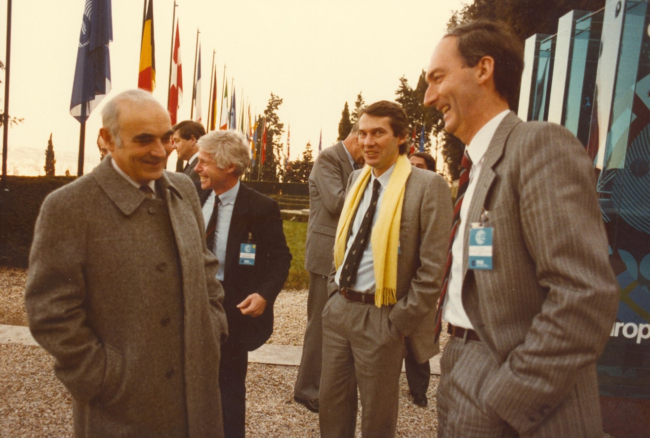 L-R Hubert Curien, Roger Bonnet, Daniel Sacotte and Frédéric d'Allest at the ESA Council at Ministerial level in Rome in 1985