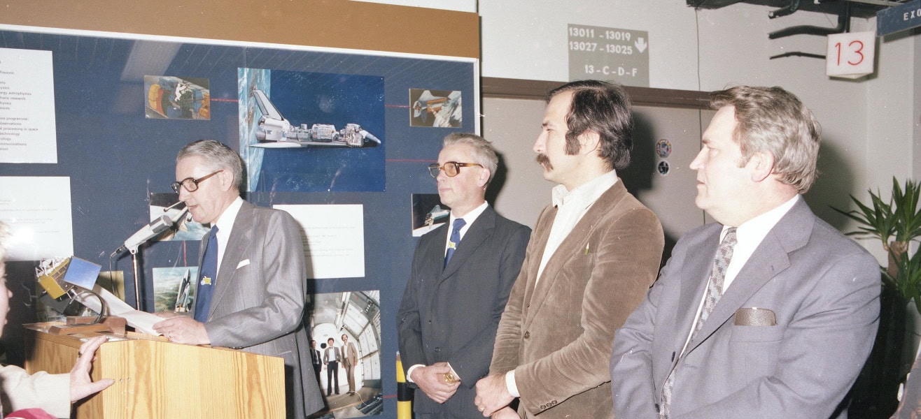 Duhem (second from left) with ESA astronaut candidate Wubbo Ockels at Spacephil 79, the space stamp exhibition, held at ESTEC in April 1979. © ESA ECSR
