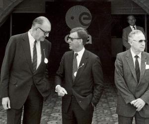 L-R: George Van Reeth, ESA Director of Administration, Reimar Lüst and Wilhelm Brado, ESA Head of Cabinet, waiting President Mitterrand at Le Bourget, 1985.  © ESA